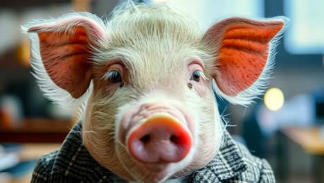 a pig wearing a suit and tie in an office