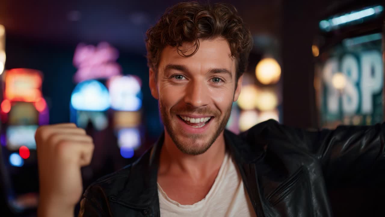 Um homem alegre aproveitando a atmosfera vibrante de um local de entretenimento animado, celebrando sua boa sorte com um grande sorriso e um gesto entusiasmado