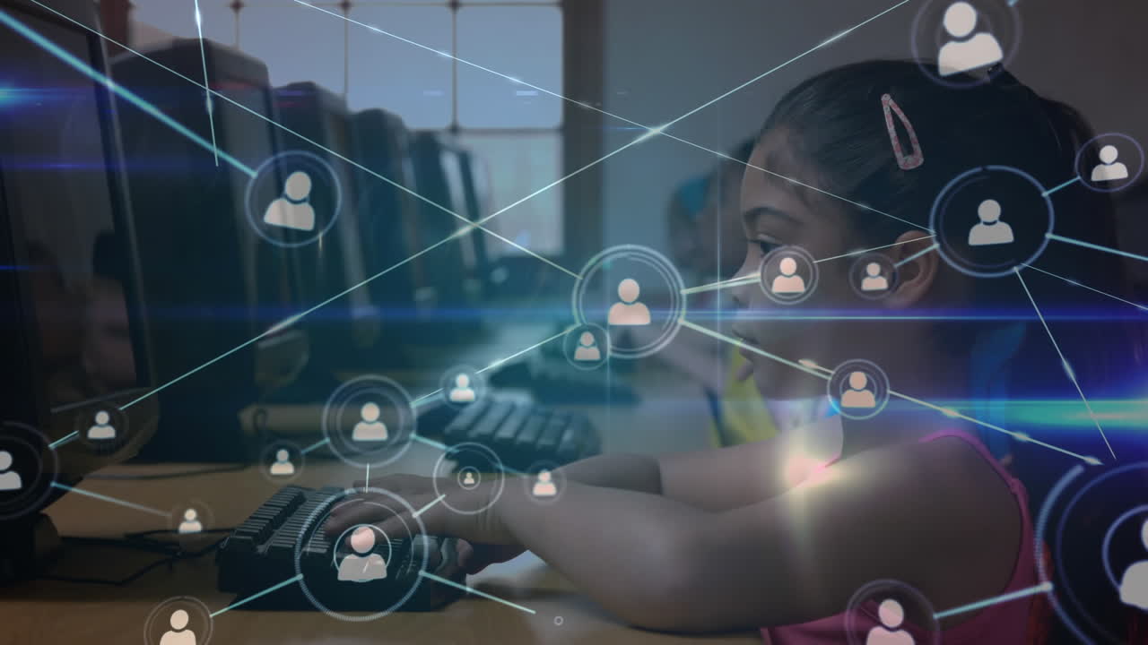 Animation of network of connections with icons over children using computers