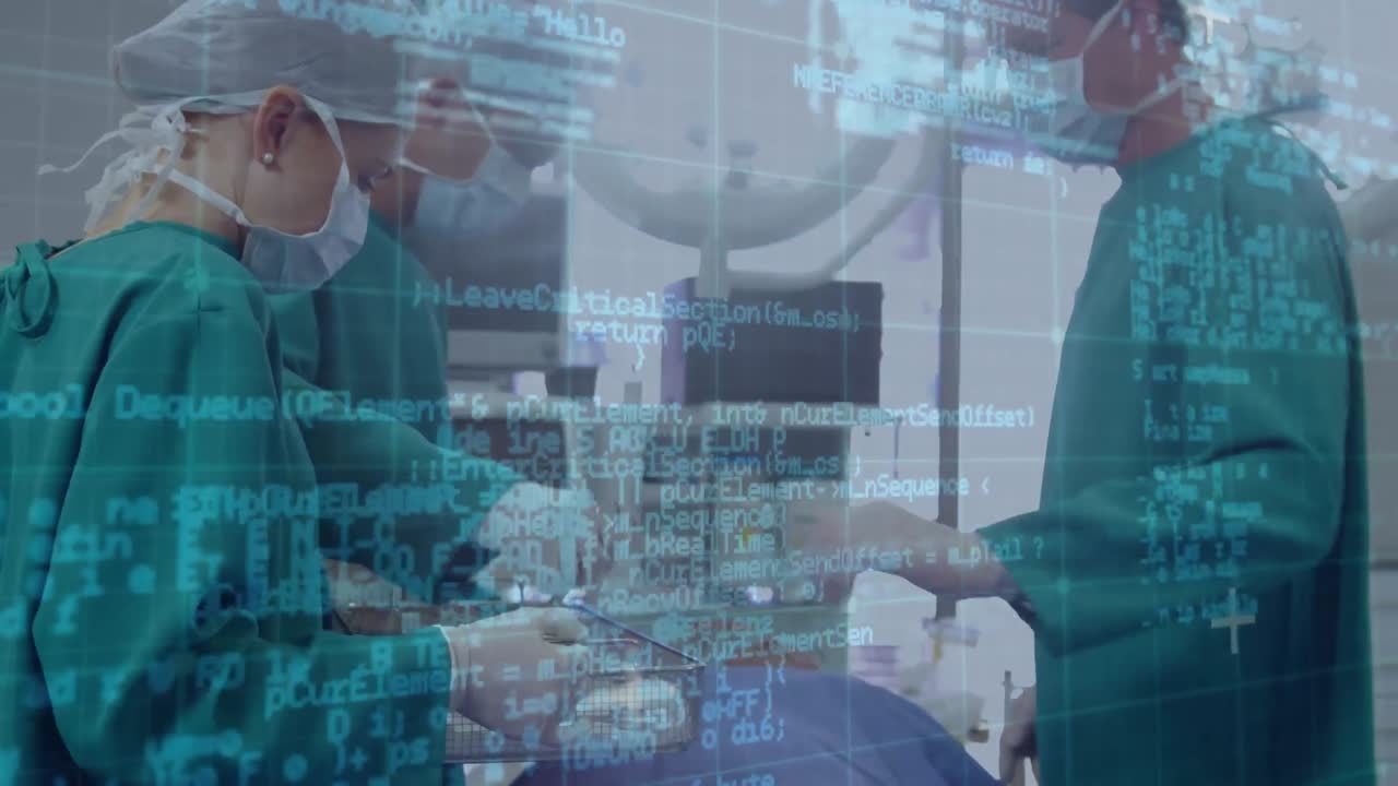 병원에서 환자에게 수술을 하는 다양한 외과 의사들에 대한 컴퓨터 언어의 애니메이션