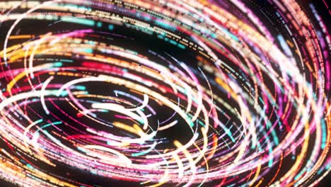 bright glowing fast moving streams of light, along the trajectory of a circle on black background, seamless loop. animation. fast energy flying wave line with flash lights