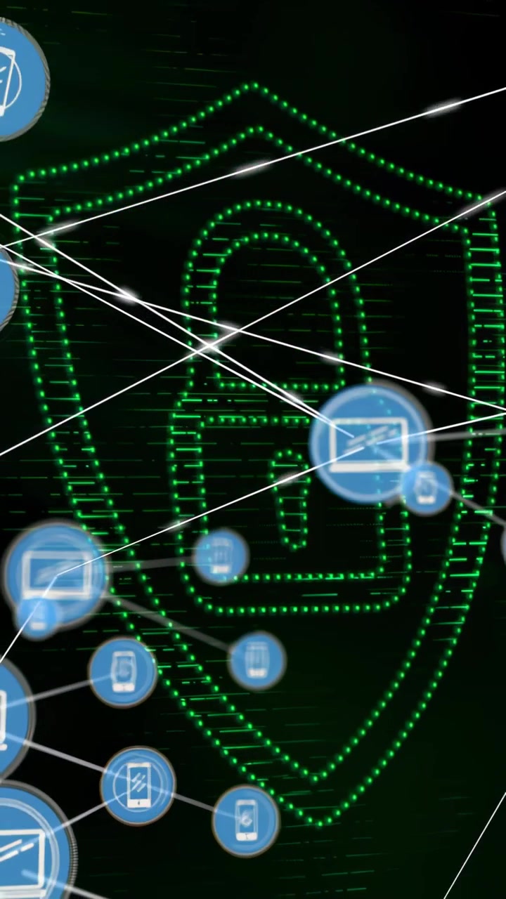 Vertical video: 1st center icon showing icons linking and moving as shield pulsing securing network