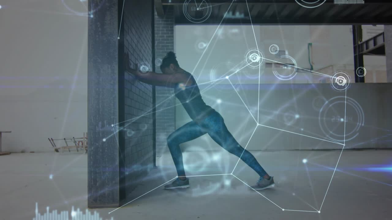 Woman placing hands on column and lunging back, showing fitness HUD graphs tracking force data