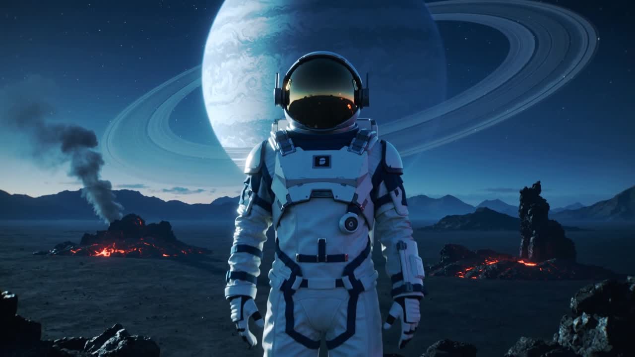 Zoomskud, der viser en astronaut i rumdragt, som står vendt mod kameraet på en fremmed slette og viser dragtens detaljer.