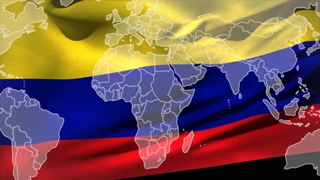 animation of world map over waving colombia flag against black background