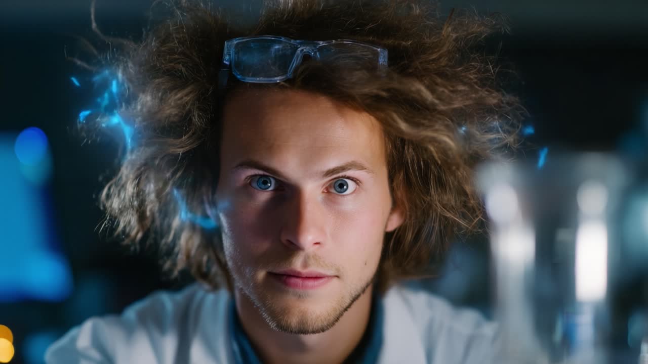 Nærbillede af en ung forsker med vildt hår og briller, der er intenst fokuseret på forskning, omgivet af laboratorieudstyr, hvilket fremviser nysgerrighed og innovation.