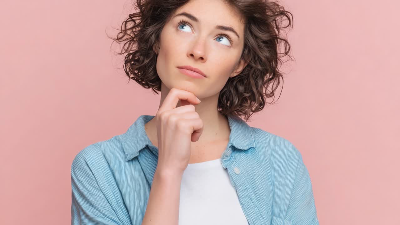 A thoughtful young woman, with curly hair, contemplates an idea while gazing upwards against a soft pink wall, embodying curiosity and introspection in this moment