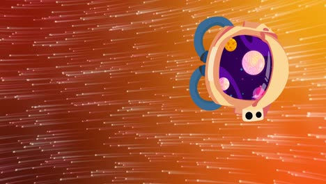 animación de una nave espacial girando sobre manchas brillantes sobre fondo naranja y rojo