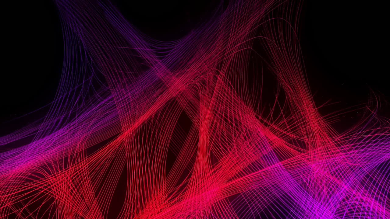 Flowing Neon Ribbons Against Black Stage, Red And Magenta Filaments Curl In Rhythmic Waves, Smooth Audio