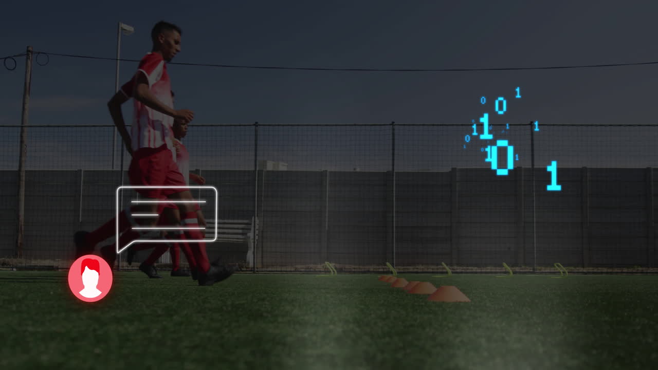 Football player training on field with digital data overlay animation