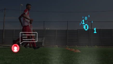 football player training on field with digital data overlay animation
