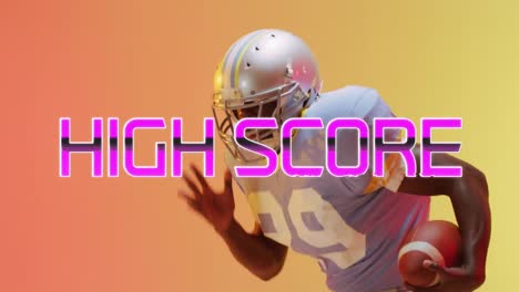 Animation-of-high-score-text-and-neon-shapes-over-american-football-player-on-neon-background
