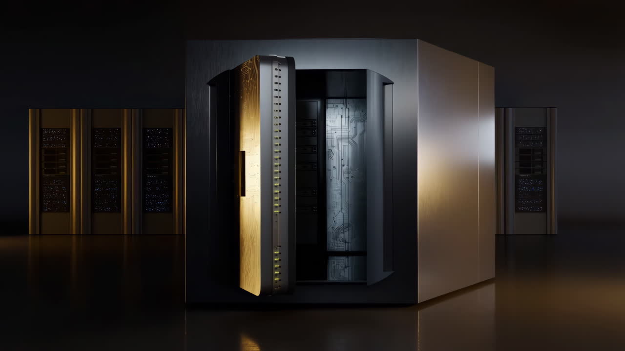 Futuristic Server Rack in a Dark Data Center