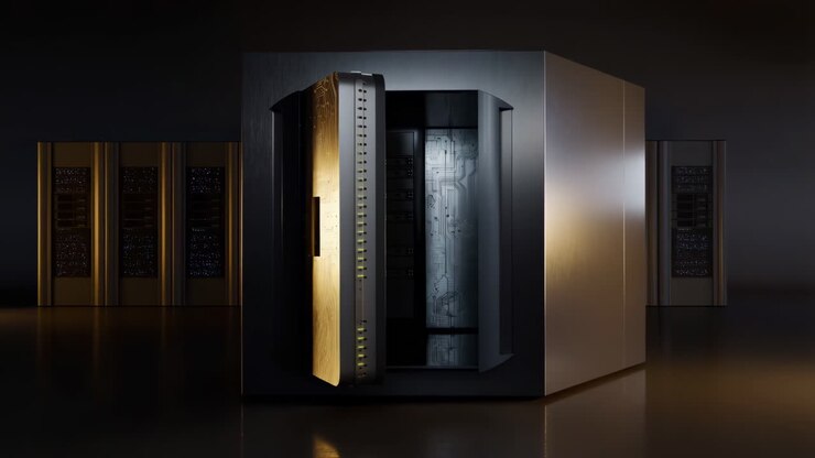 Futuristic Server Rack in a Dark Data Center