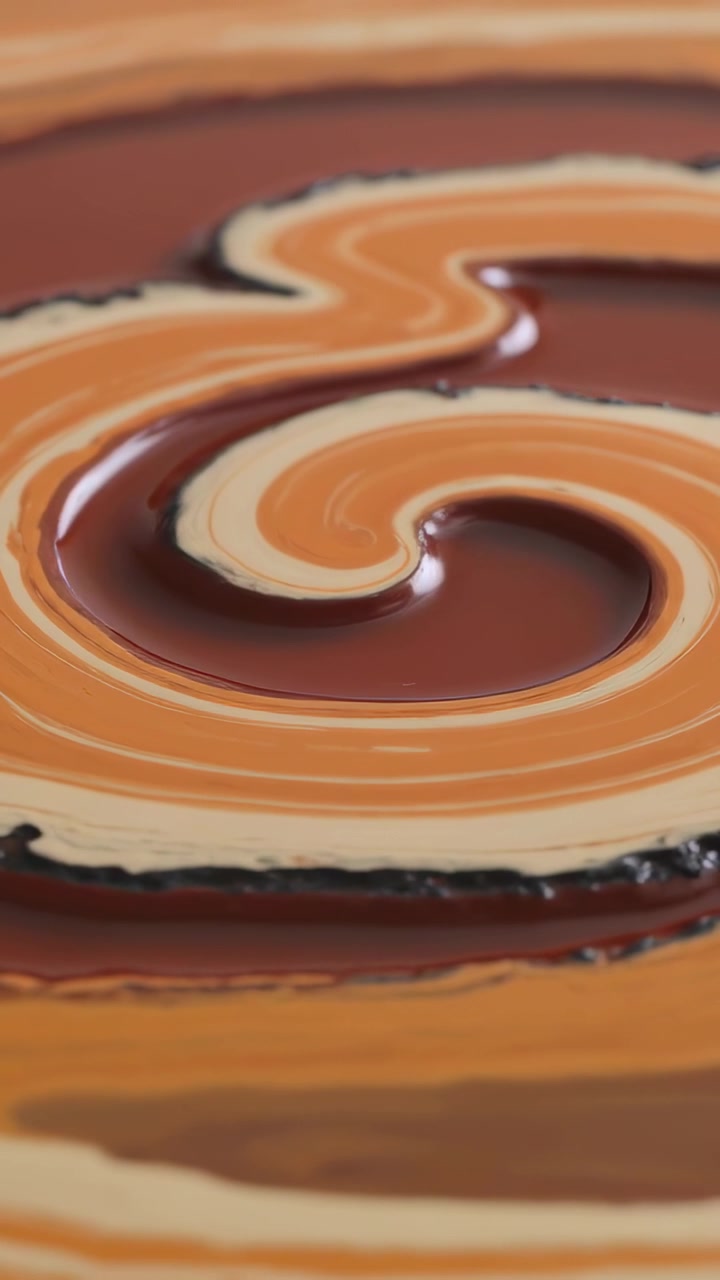 Video vertical: Formando una espiral de líquidos en capas en una bandeja después de verter, con crema de caramelo marrón.