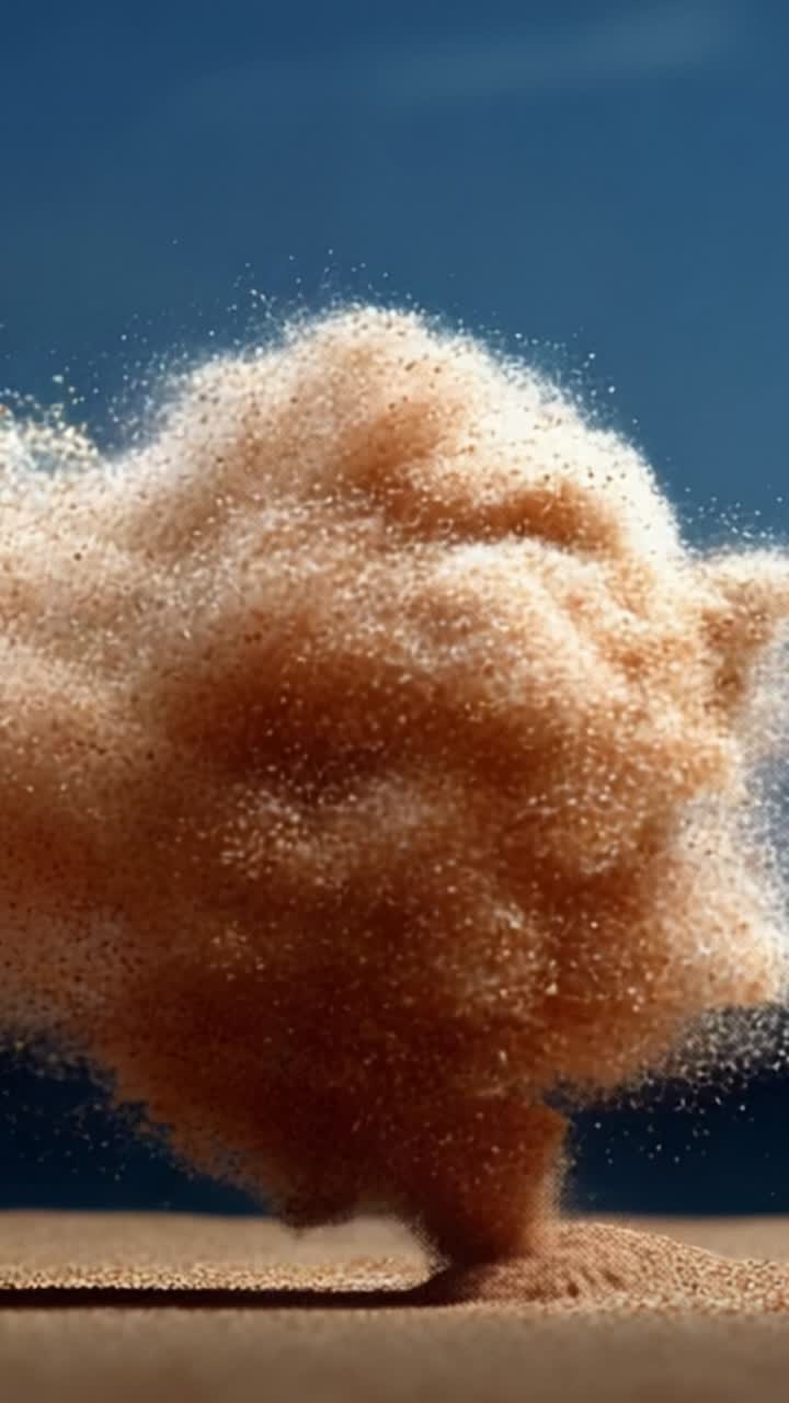 Una visione affascinante di un vortice di sabbia turbinante che si innalza sullo sfondo di un cielo sereno e acqua scintillante, mostrando la bellezza dei fenomeni naturali in movimento.