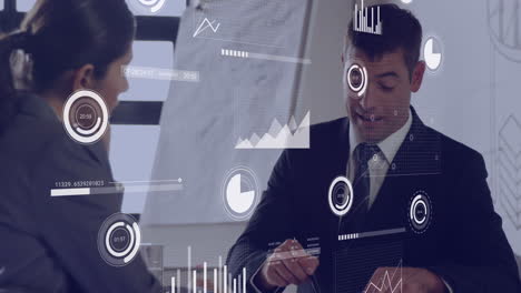 Animation of financial data processing over diverse business people in office