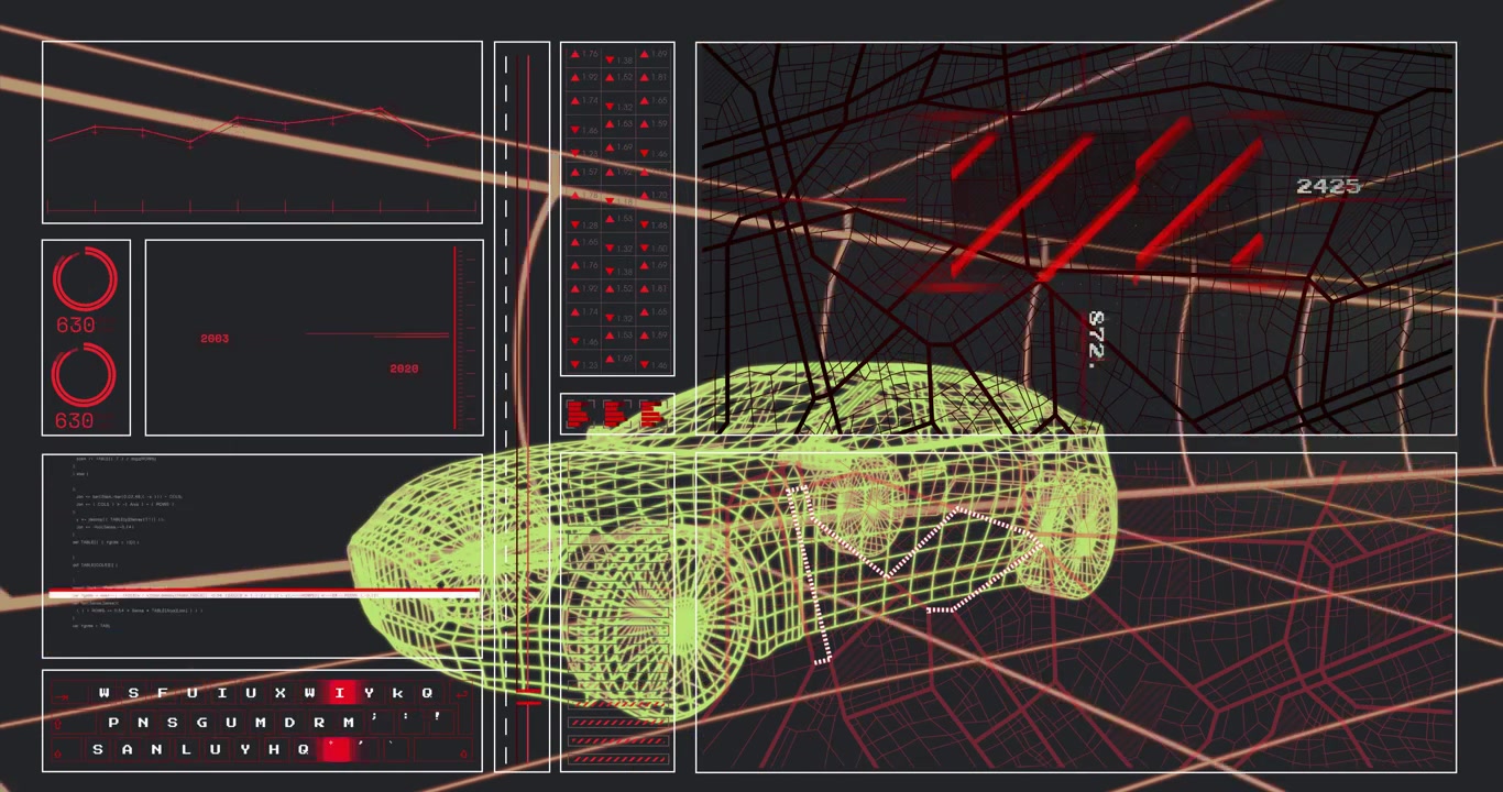 HUD sliding in, overlaying neon wireframe sedan while readouts updating for diagnostic mapping