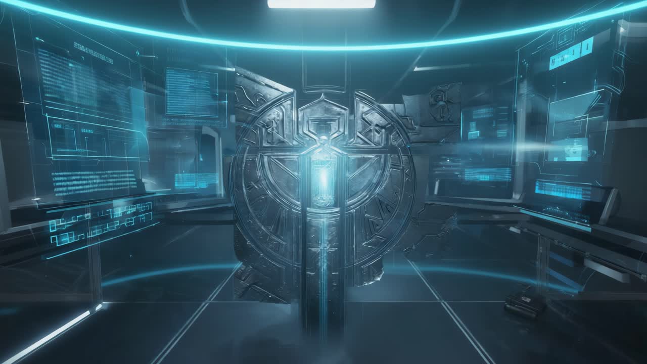 Futuristic Sci-Fi Control Room with Holographic Displays and Glowing Door