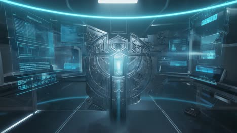 futuristic sci-fi control room with holographic displays and glowing door