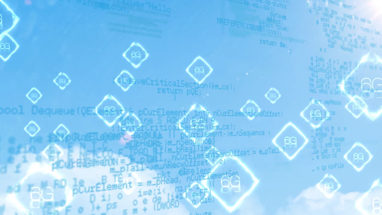 Animation of digital symbols floating over blue sky background in school setting