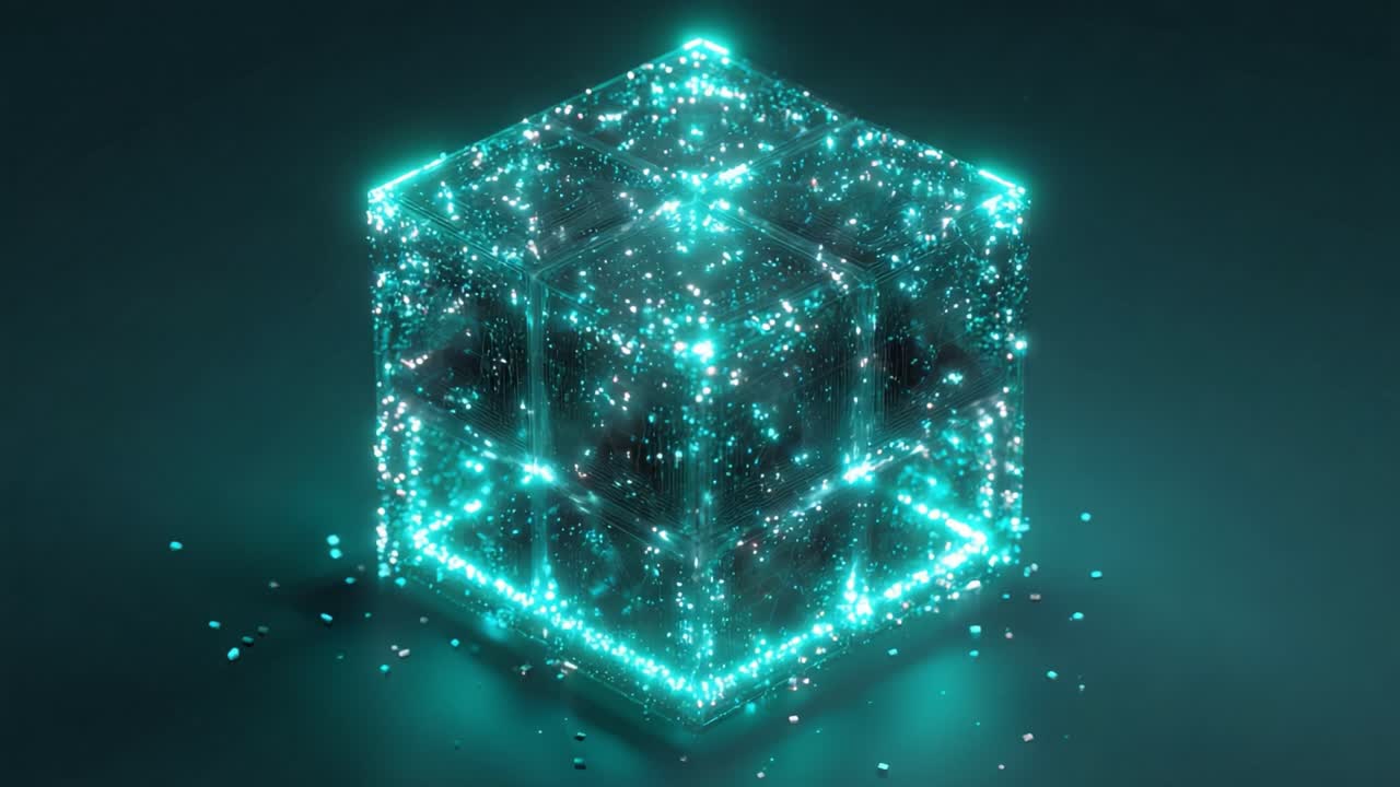 Futuristic technology cube composed of glowing teal particles and light beams rotating on a dark reflective surface, representing concepts like data, blockchain, and artificial intelligence