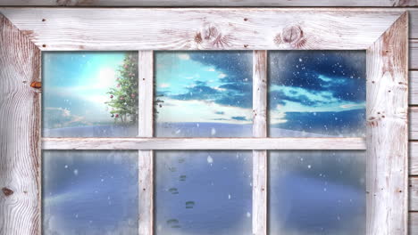 animation of snow falling and christmas tree in winter scenery seen through window