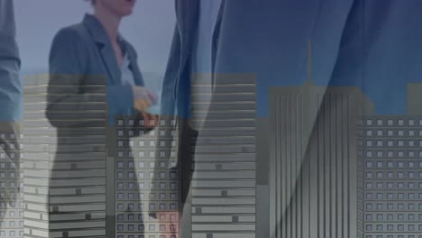 animación de un hombre de negocios apretando la mano sobre el paisaje urbano