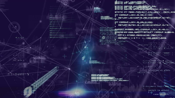 Animation of network of connections and data processing over purple background