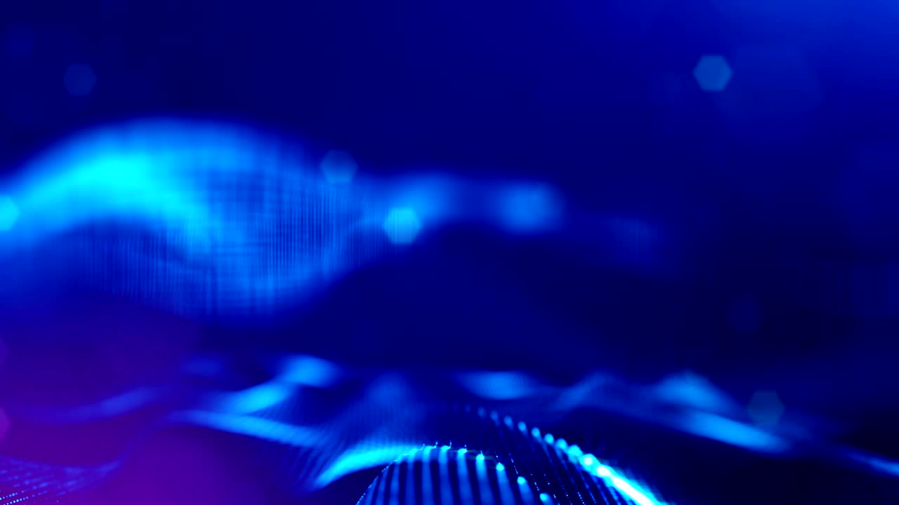 animación 3d sin costuras como fondo de ciencia ficción digital de partículas brillantes como en el mundo nano con profundidad de campo, bokeh. las partículas forman línea, cuadrícula de superficie o misterioso espacio virtual. azul 8