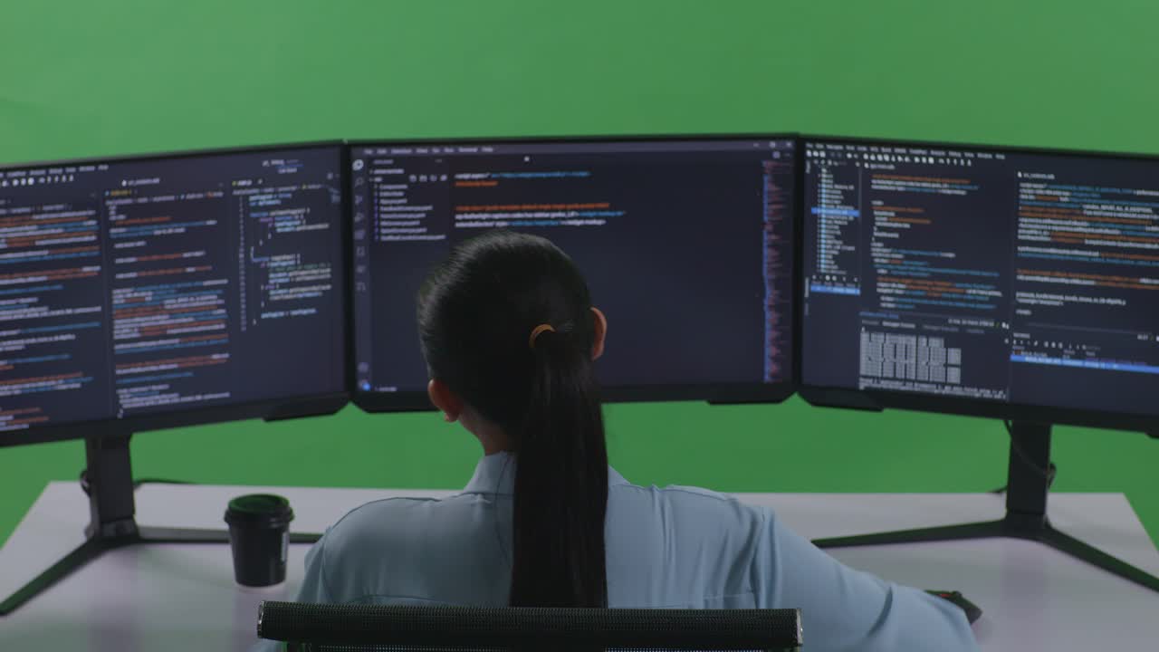 Back View Of Asian Woman Developer Having Backache While Write Code With Multiple Computer Screens In Green Screen Studio