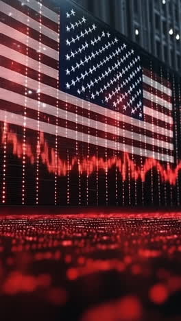 stock market trends in a city setting. a digital representation of stock market trends featuring a us flag in an urban environment during nighttime.