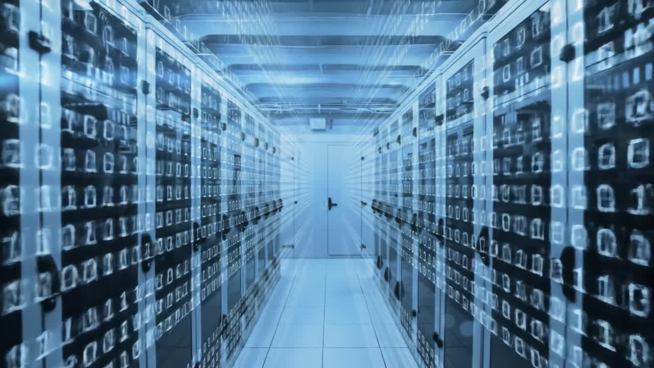 Inside a cutting-edge data center, rows of servers store vast amounts of data. Energy-efficient systems and high-speed connections highlight modern infrastructure. Witness innovation in action.