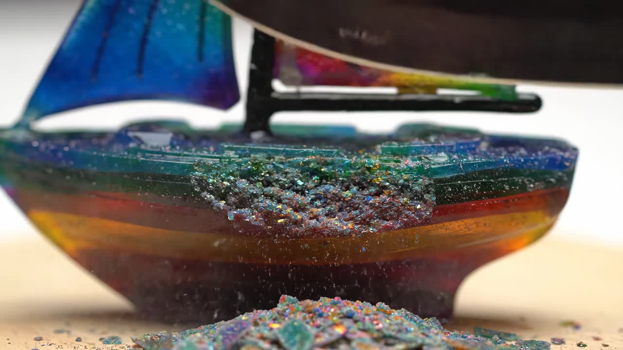 Resin boat being cut by knife