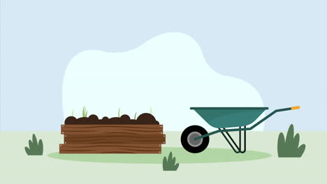 wheelbarrow with wooden houseplant animation