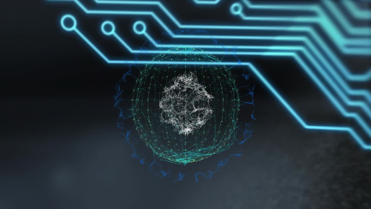Glowing circuit lines forming digital network sphere on dark background animation