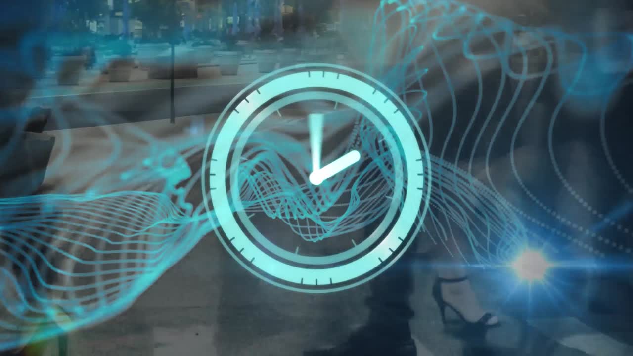 빠른 움직임으로 걸어가는 보행자 위로 빠르게 움직이는 시계의 애니메이션