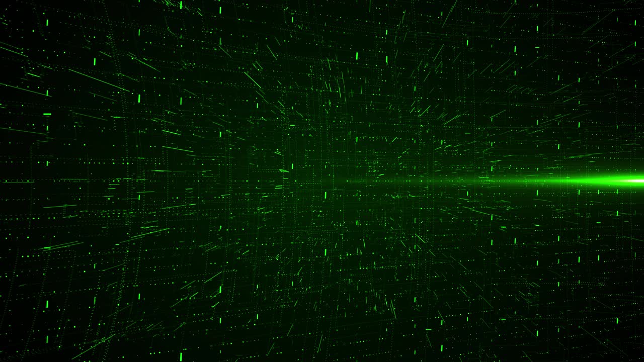 Glowing green matrix digital code stream field green light trails with streaming data particles