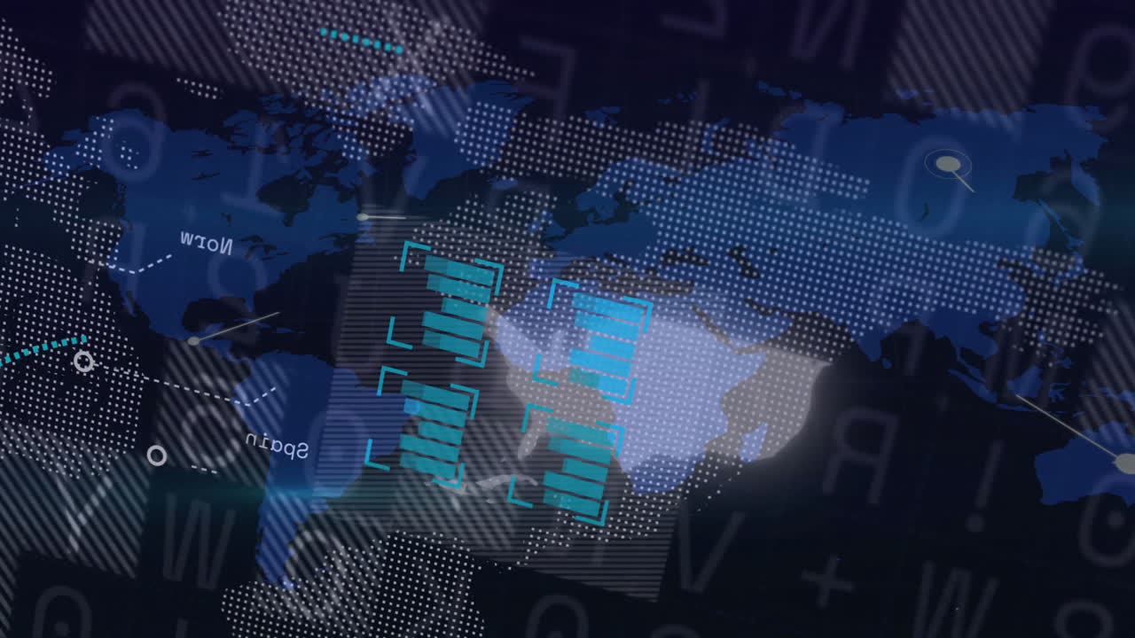 Digital world map with data processing animation over blue and black background