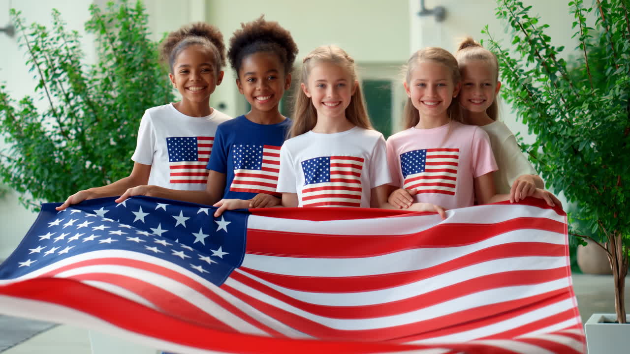 Vielfältige Mädchengruppe lächelt und hält die amerikanische Flagge