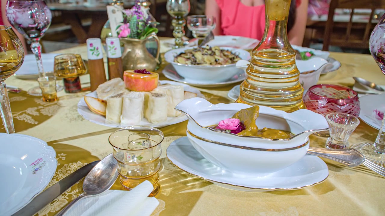 Table With Food Dishes At Guest House Pri Lipi In Slovenia. Follow Shot