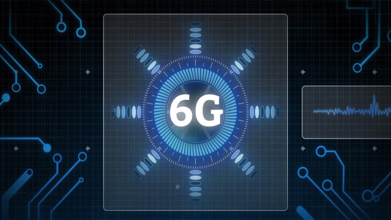 animación de texto de 6g con escaneo de alcance y procesamiento de datos en pantallas sobre cuadrícula