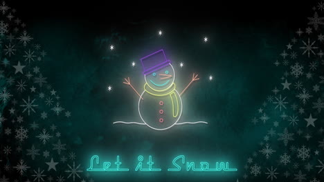 animación de dejar que nieve texto en navidad sobre el muñeco de nieve y paisaje de invierno