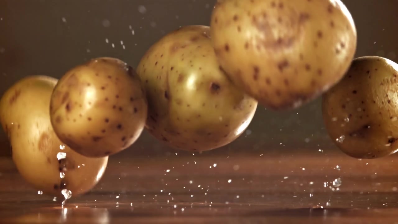 Movimento rallentato di patate fresche che cadono e schizzano acqua