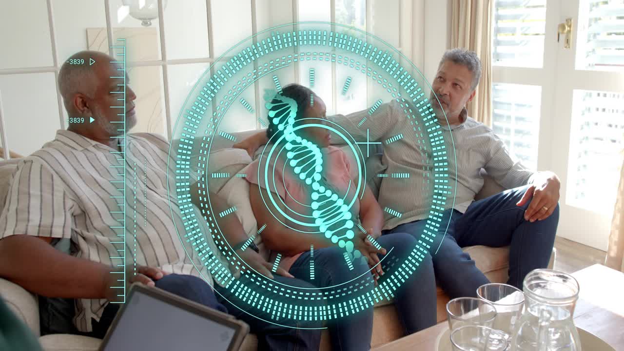 Woman standing tapping tablet launching teal DNA HUD centered, family discussing health gesturing