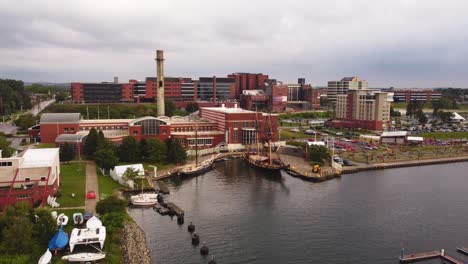 Drone-shot-of-the-Flagship-Niagara-docked-at-The-Maritime-Museum-in-Erie,-Pennsylvania