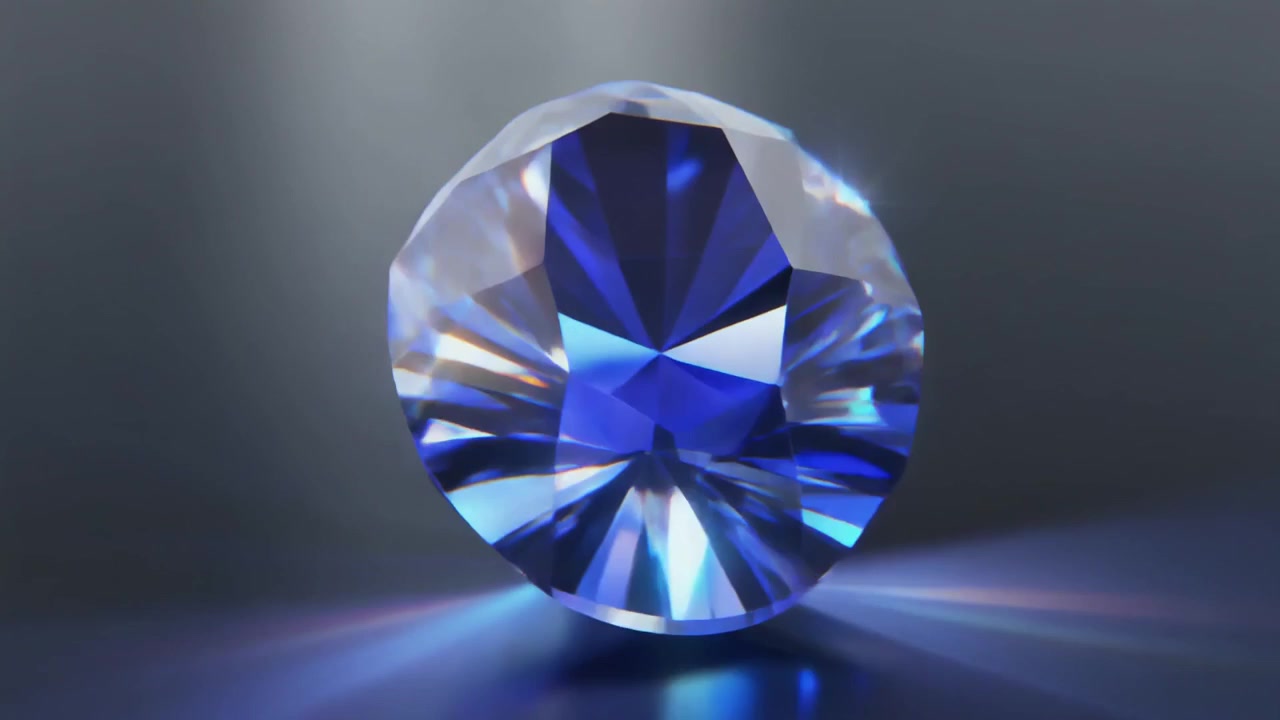 Rotating Blue Diamond Gemstone on Reflective Surface