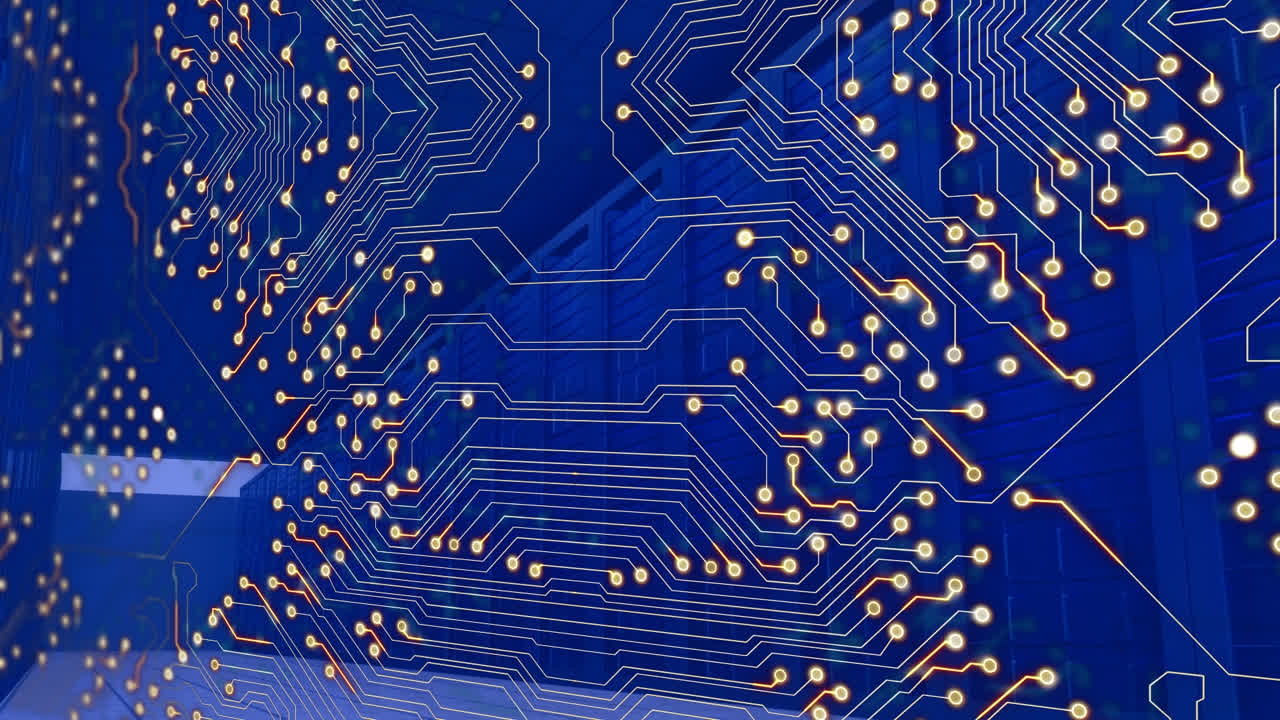 Animation of blue integrated circuit over servers