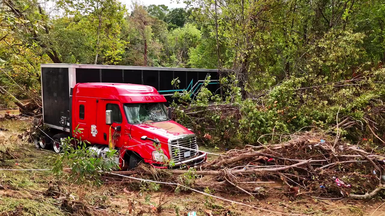 Semi truck thrown into woods by Hurricane Helene. Near Asheville NC.
