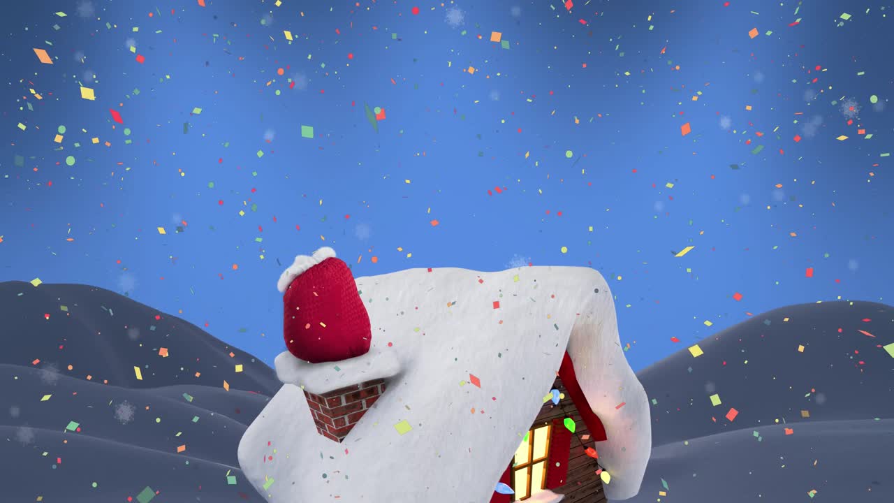 animación de confeti cayendo sobre el paisaje de invierno de navidad con casa